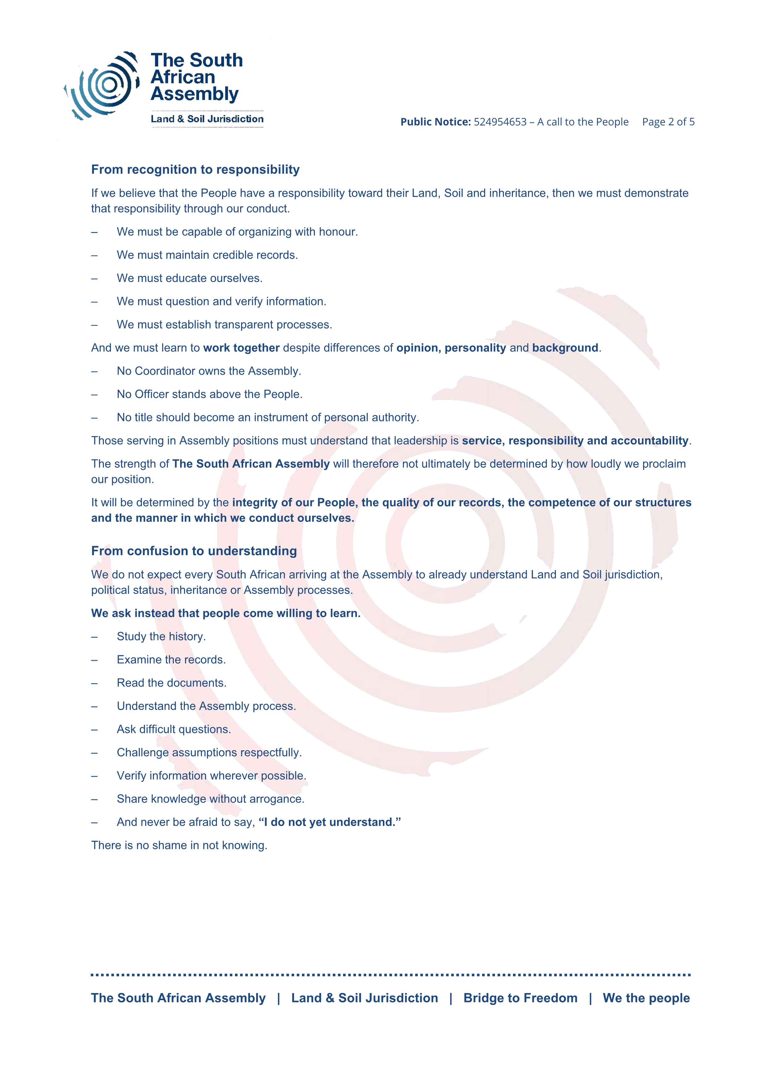 Public notice The South African Assembly Recording number 524954653 - A Call to the People